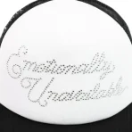Black_White Emotionally Unavailable Rhinestone Trucker Hat front
