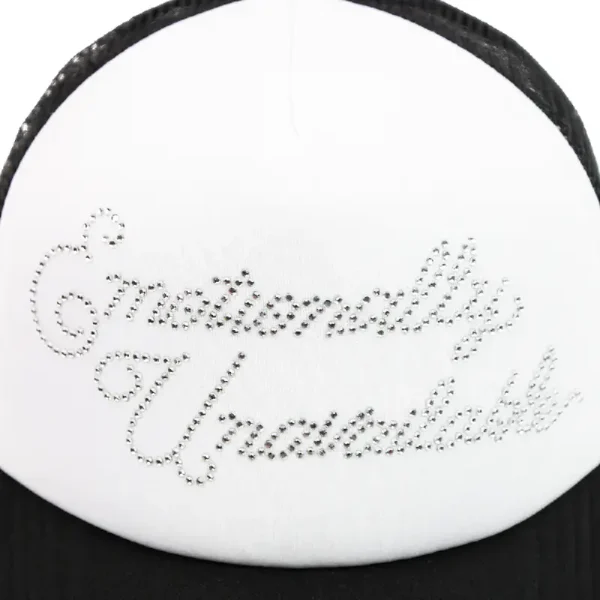 Black_White Emotionally Unavailable Rhinestone Trucker Hat front