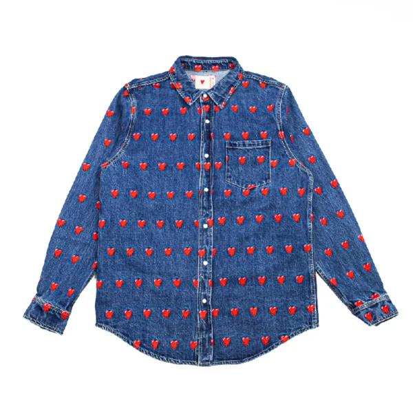 Washed Blue Emotionally Unavailable Logo Pattern Button Up Shirt