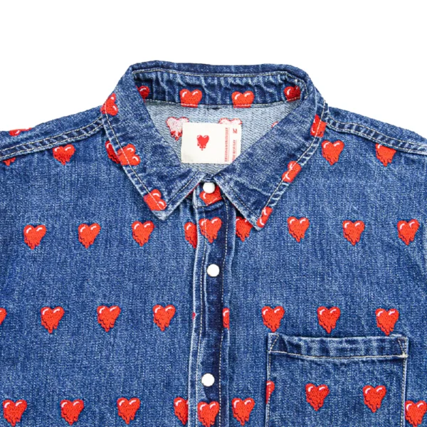 Washed Blue Emotionally Unavailable Logo Pattern Button Up Shirt Back